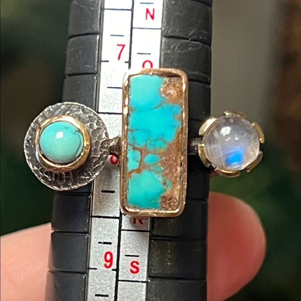 WOW! Artisan Turquoise Moonstone Sterling Silver Modernist Abstract Square Ring